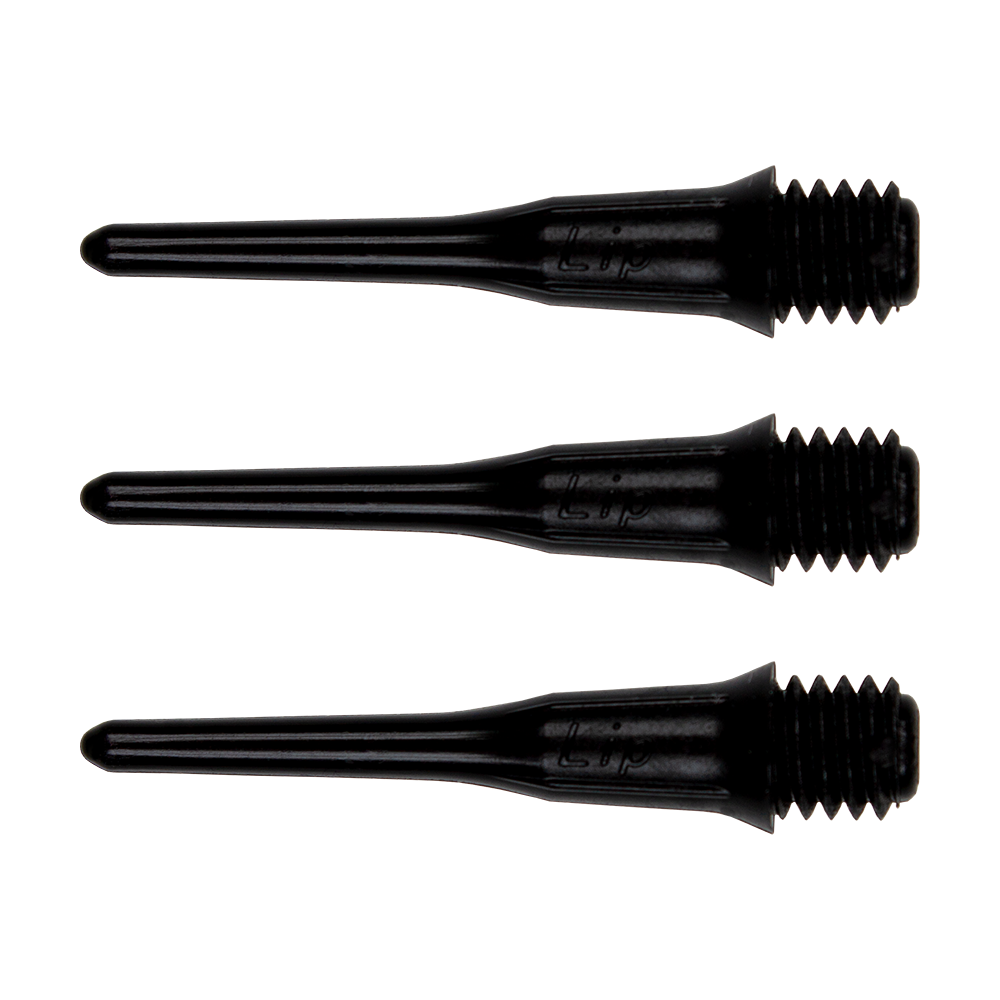 Das Bild zeigt drei schwarze Short Lippoints Spitzen mit Gewinde. Diese Spitzen sind Ersatzteile für Dartpfeile.